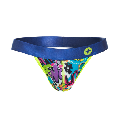Malebasics hipster jockstrap with vibrant graffiti print thong back solid blue waistband and neon yellow trim