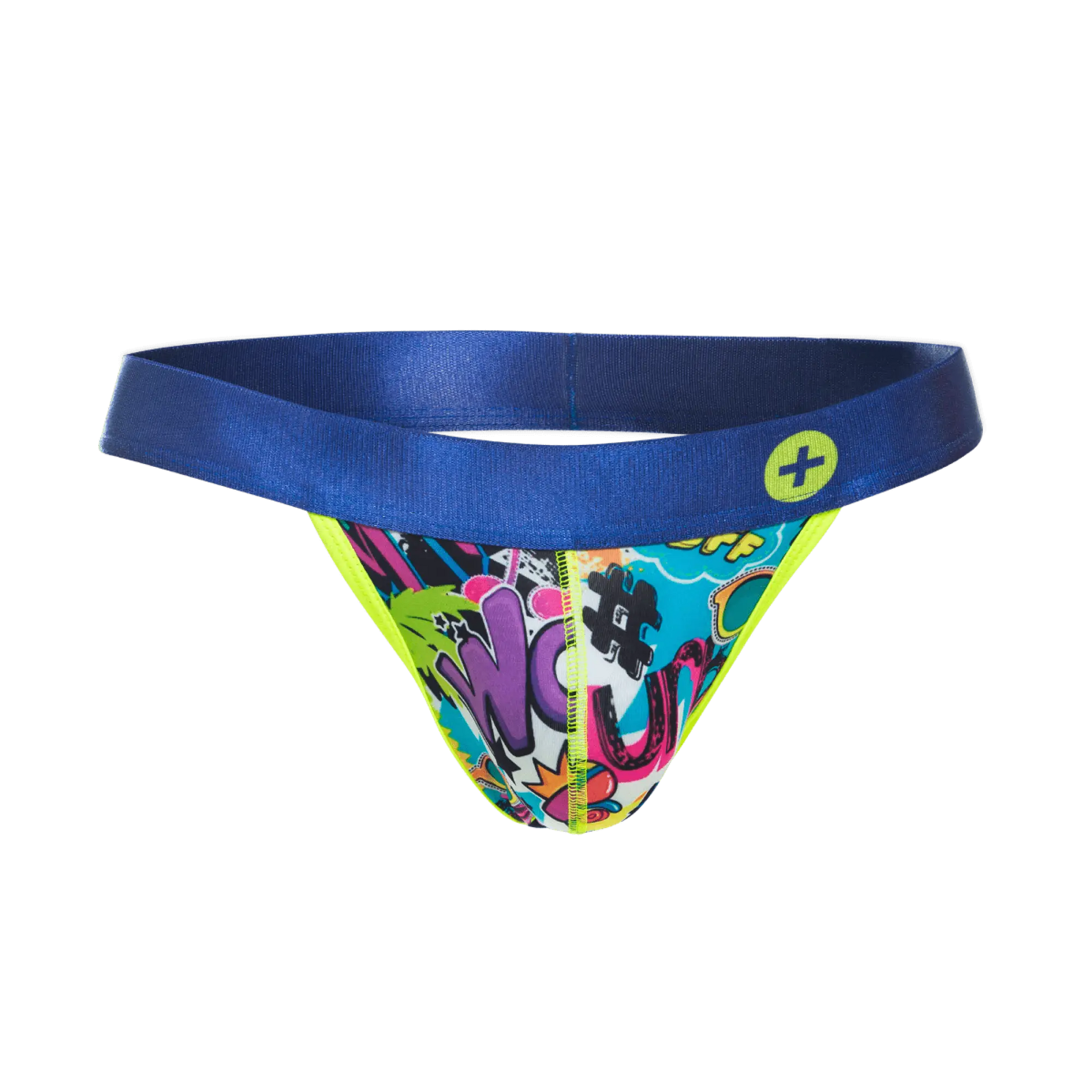 Malebasics hipster jockstrap with vibrant graffiti print, solid blue waistband, and neon yellow trim
