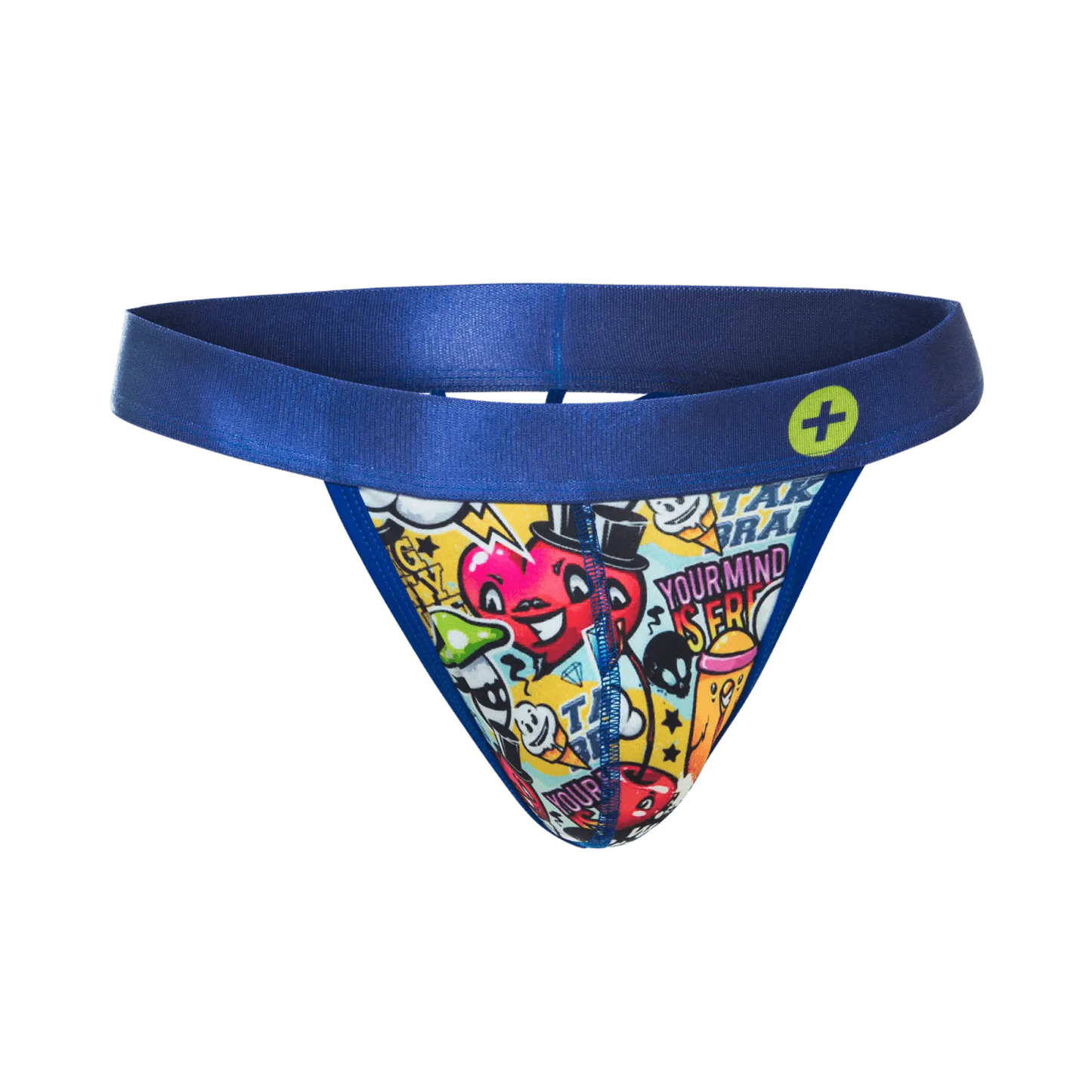 Malebasics hipster thong comics in blue with vibrant cartoon print and text on a yellow background