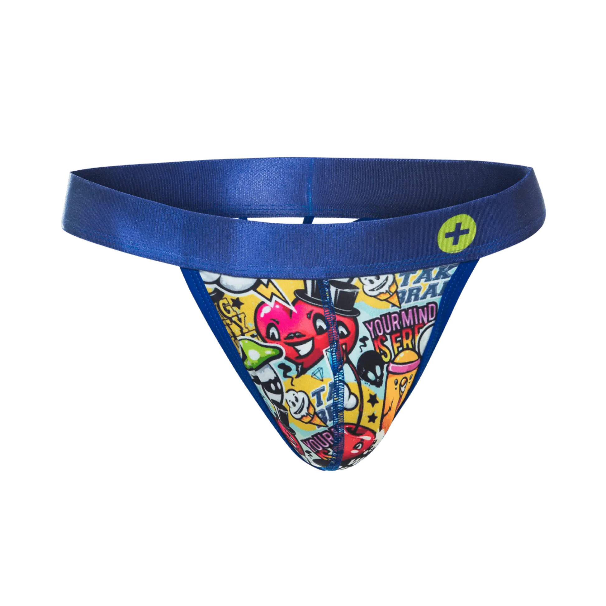 Malebasics hipster thong comics in blue with vibrant cartoon print and text on a yellow background
