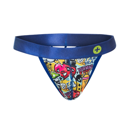 Malebasics hipster thong comics in blue with vibrant cartoon print and text on a yellow background
