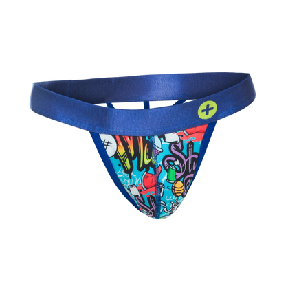 Malebasics hipster thong comics blue thong with vibrant graffiti graphics and satin waistband with yellow logo