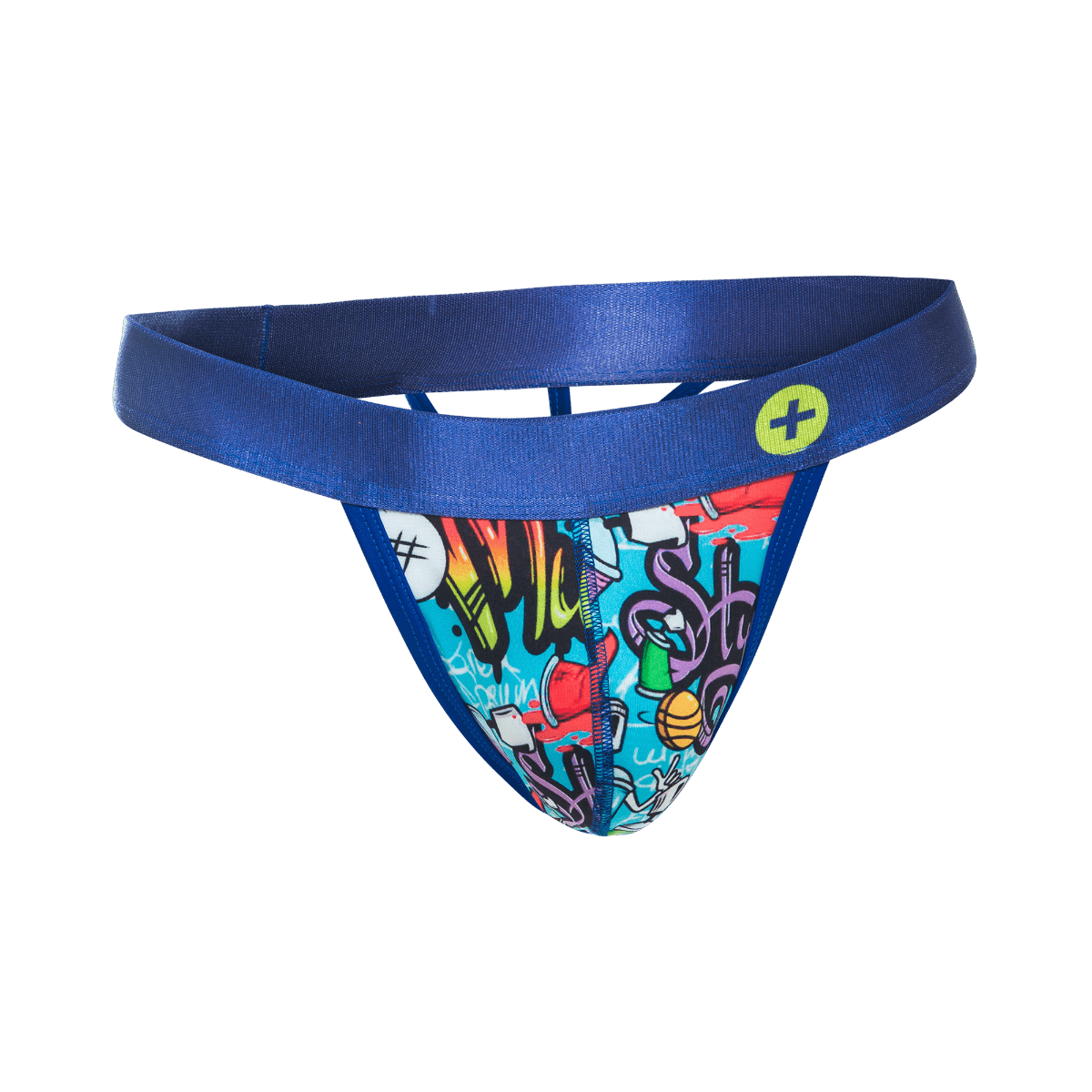 MaleBasics hipster thong in blue with vibrant graffiti-style graphics and satin waistband with a yellow logo