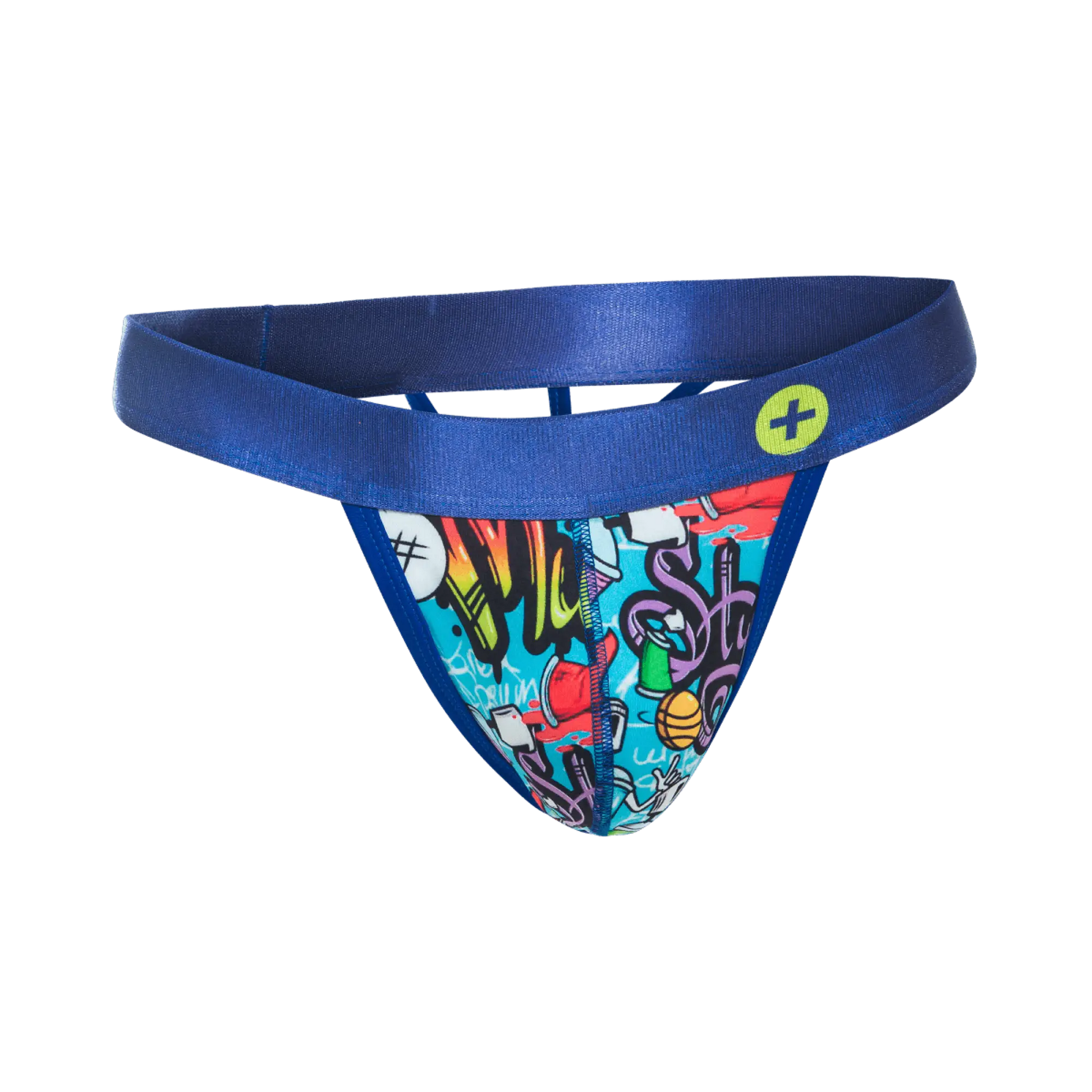 MaleBasics hipster thong in blue with vibrant graffiti graphics and a satin waistband featuring a yellow logo