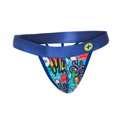 Malebasics hipster thong comics blue thong with vibrant graffiti graphics and satin waistband with yellow logo visible
