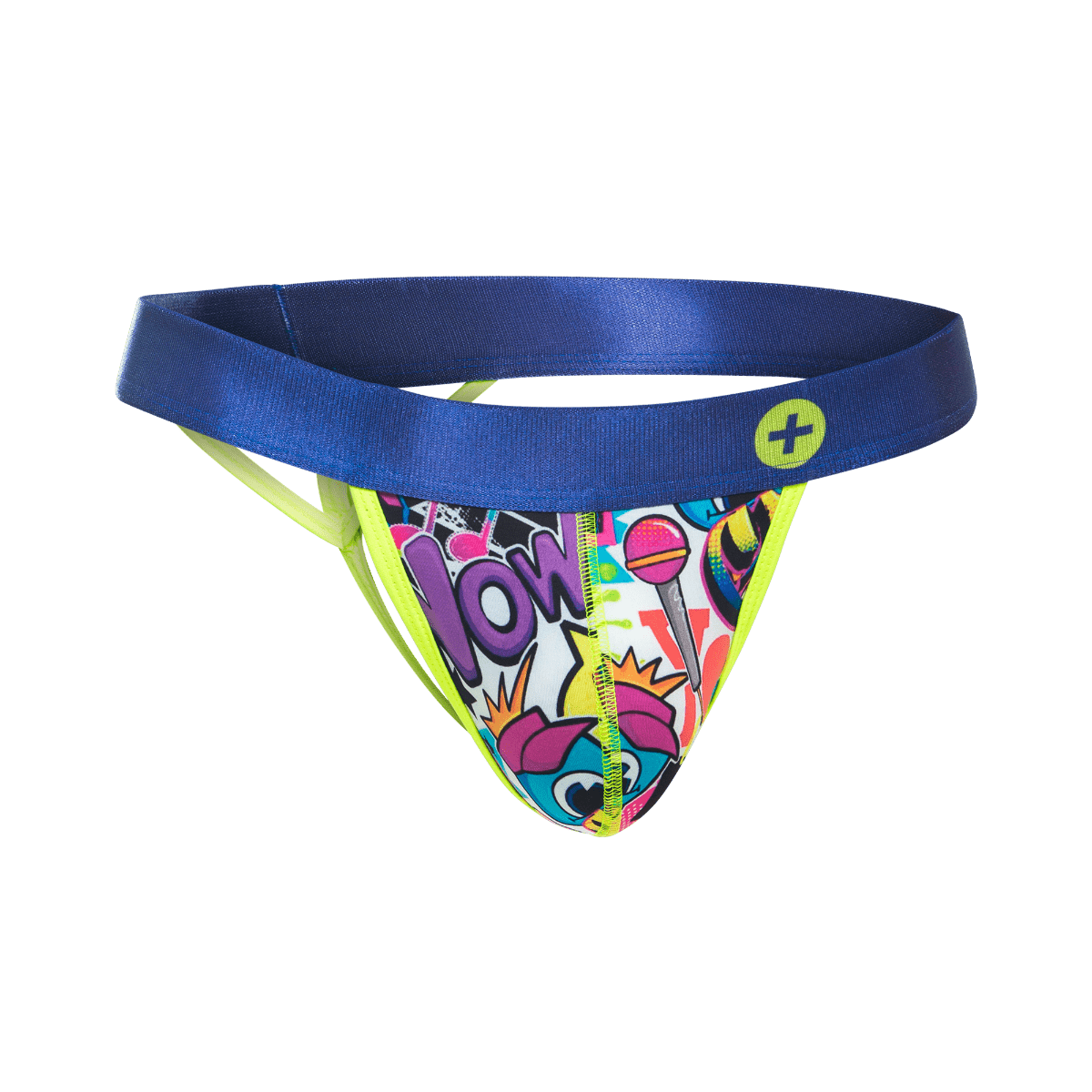 Malebasics hipster thong comics features a vibrant comic-style print with satin blue waistband and neon yellow trim