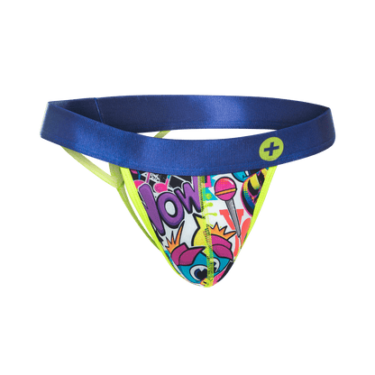 Malebasics hipster thong comics features a vibrant comic-style print with satin blue waistband and neon yellow trim
