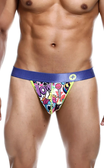 Malebasics hipster thong comics with vibrant comic-style print and bold blue waistband featuring colorful cartoons