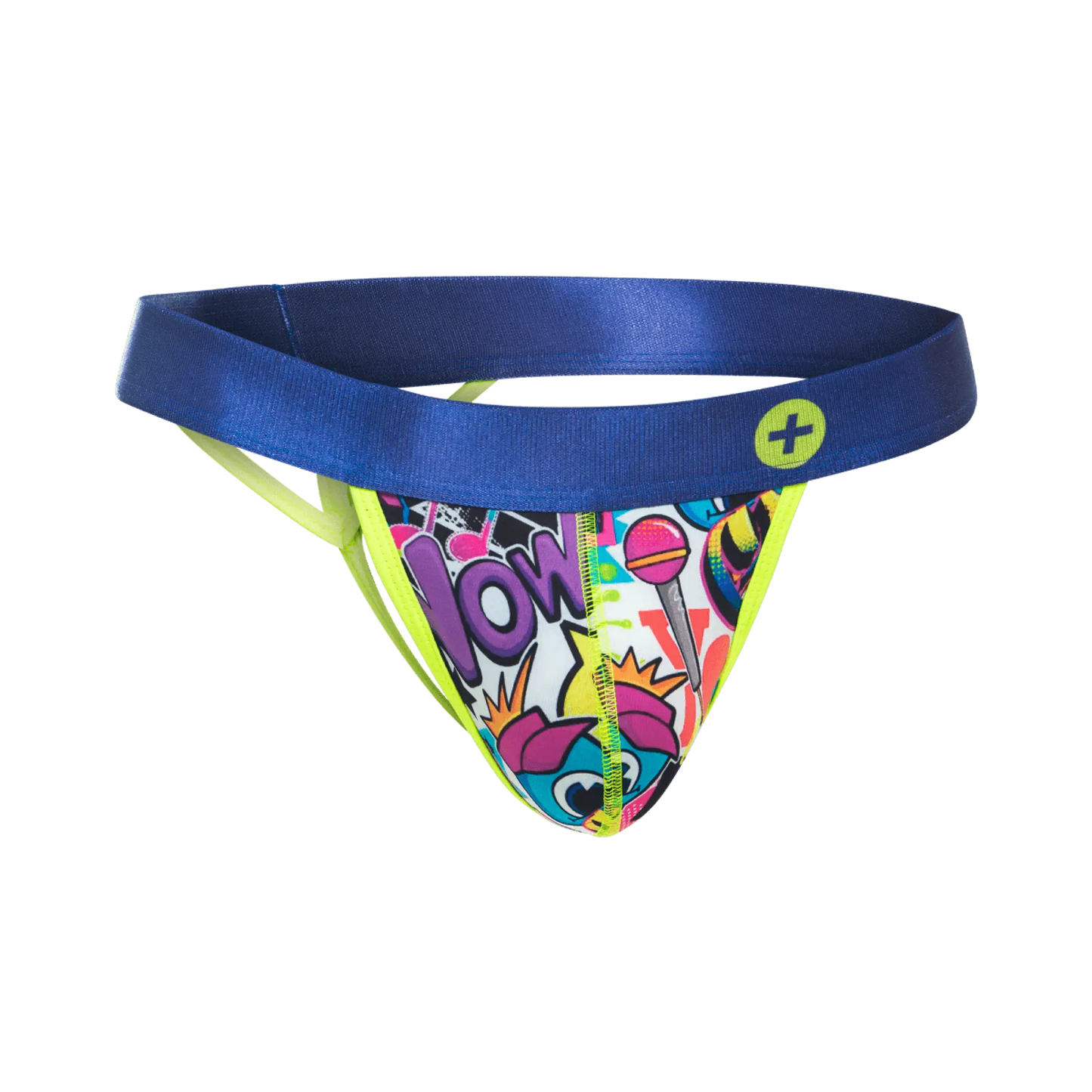 MaleBasics hipster thong comics featuring vibrant comic-style print with satin blue waistband and neon yellow trim