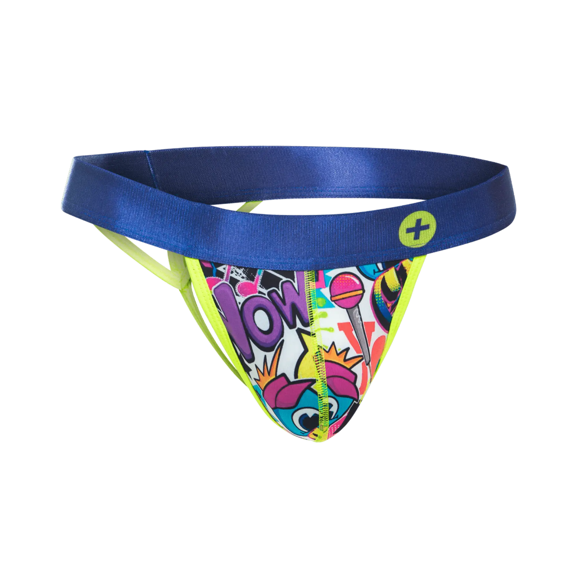 Malebasics hipster thong comics vibrant comic-style print with satin blue waistband and neon yellow trim