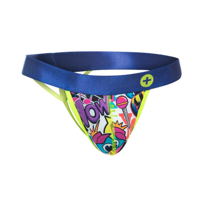 Malebasics hipster thong comics vibrant comic-style print with satin blue waistband and neon yellow trim