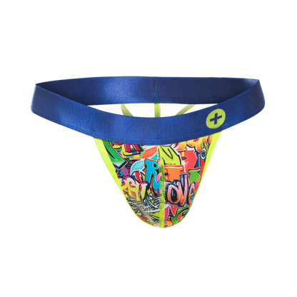 MaleBasics hipster thong comics with vibrant graffiti pattern bold blue waistband and neon yellow trim front view
