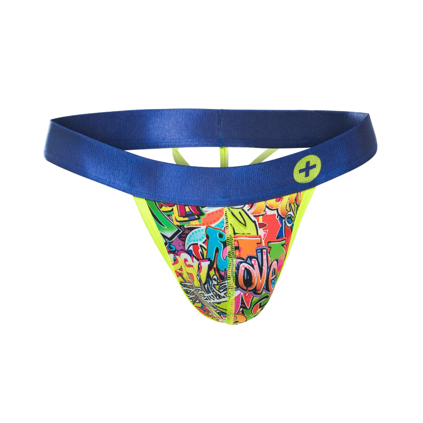 MaleBasics hipster thong comics with vibrant graffiti pattern, bold blue waistband, and neon yellow trim front view