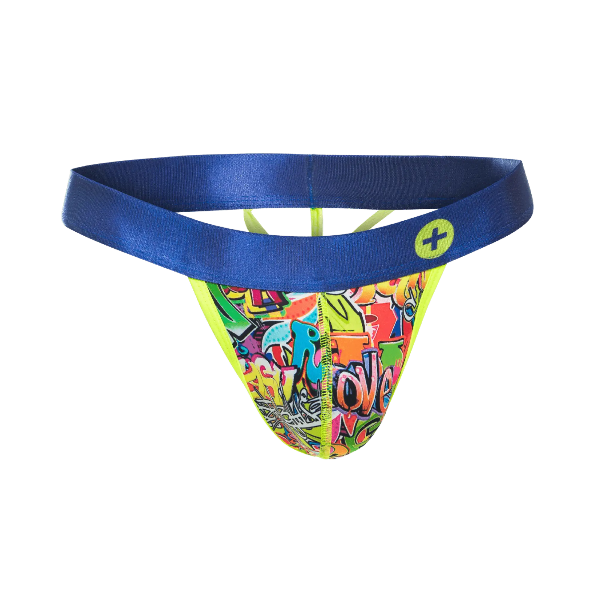 MaleBasics hipster thong comics with vibrant graffiti pattern, bold blue waistband, and neon yellow trim front view