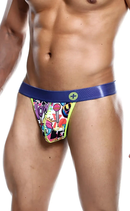 Malebasics hipster thong comics with vibrant graffiti print, bold blue waistband, and neon yellow trim for men