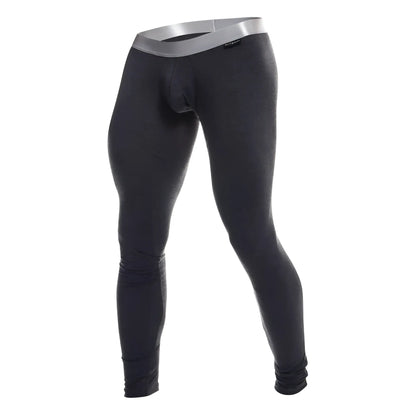 Black men’s compression tights with silver waistband made from pima cotton by malebasics long john series