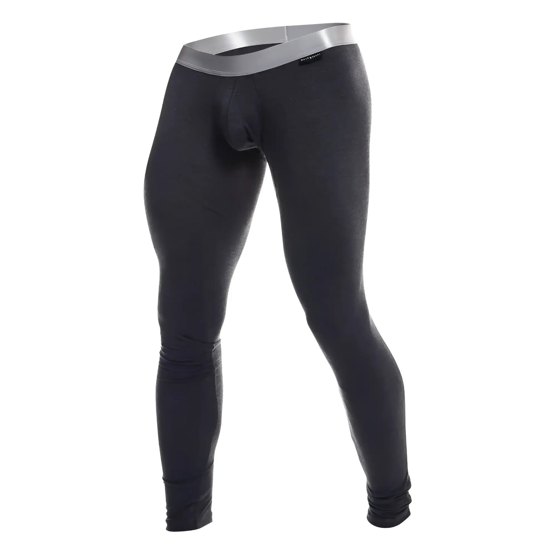 Malebasics long john pima black men’s compression tights with silver waistband made from pima cotton blend
