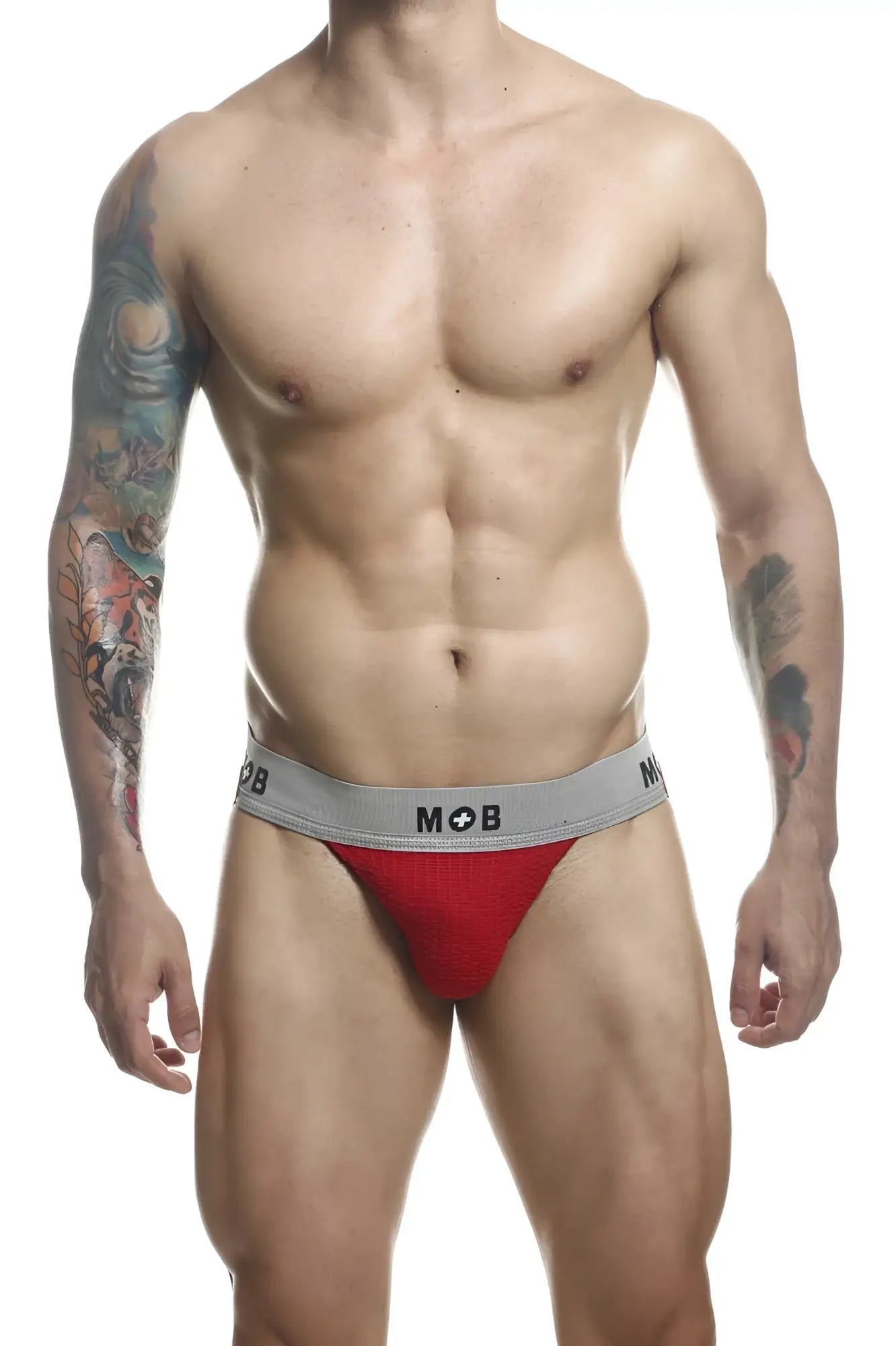 Red malebasics mbl107 mob classic fetish jockstrap with gray waistband and mob logo for athletic use