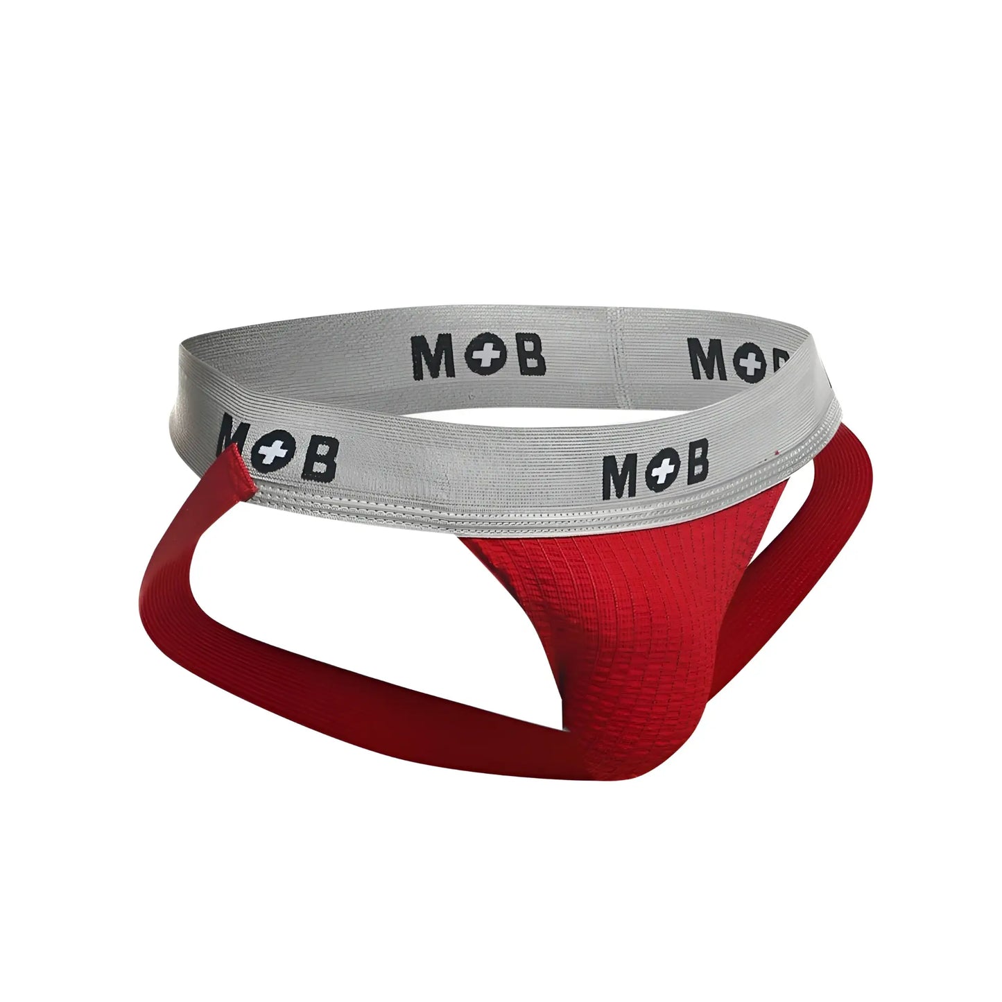 Red malebasics mbl107 mob classic fetish jockstrap with gray elastic waistband and black mob logo in front view