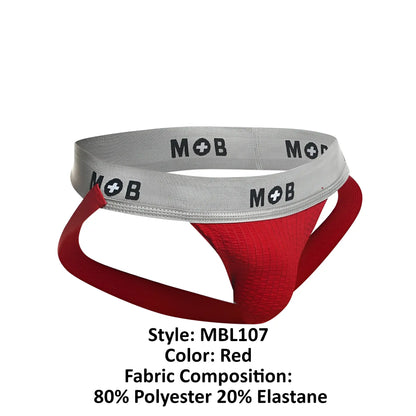 Red malebasics mbl107 mob classic fetish 3 inches jockstrap with gray waistband and black mob branding