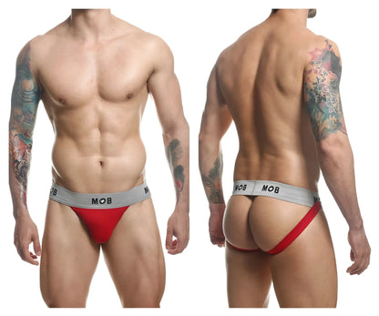 Malebasics mbl107 mob classic fetish jockstrap in red and gray with snug fit design and 3 inches strap length