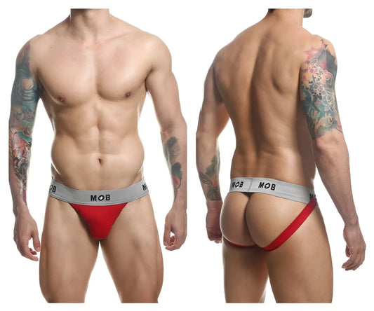Malebasics mbl107 mob classic fetish jockstrap in red and gray with snug fit design and 3 inches strap length