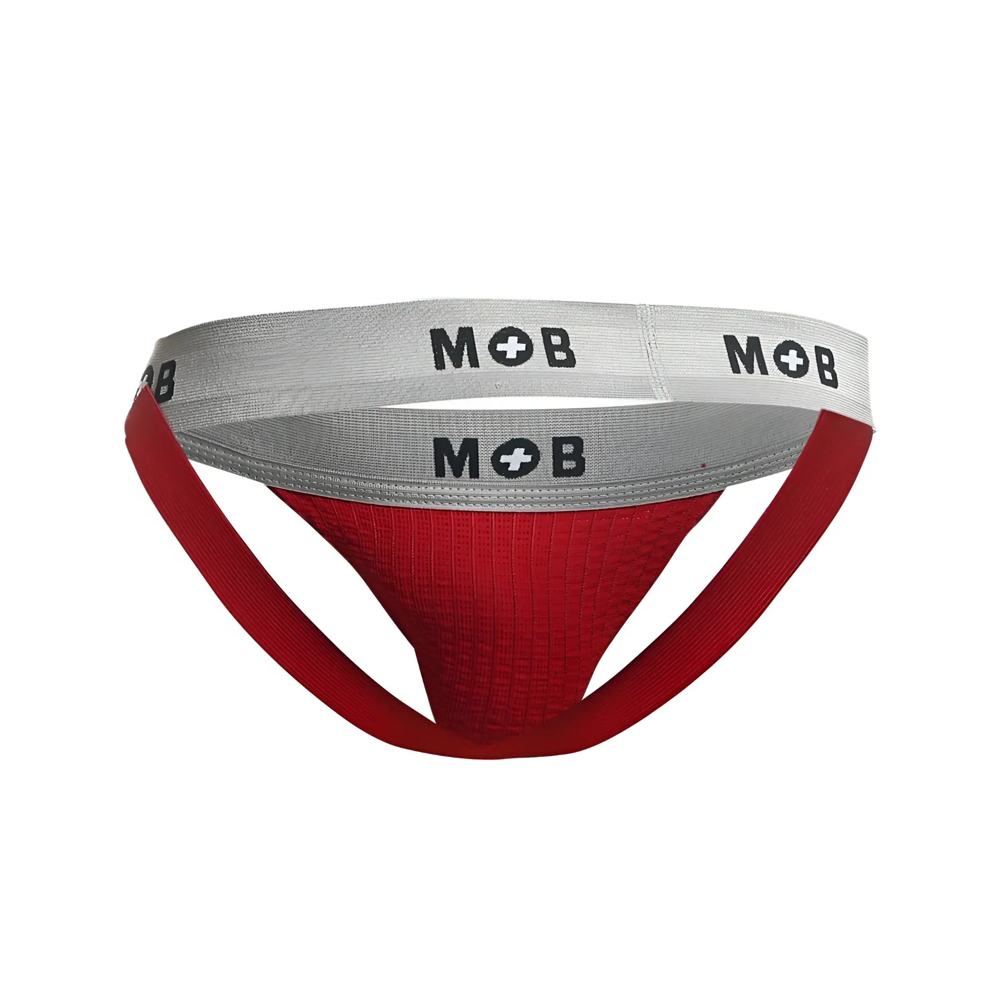 Red and gray malebasics mbl107 mob classic fetish jockstrap with textured fabric and silver waistband with mob logo