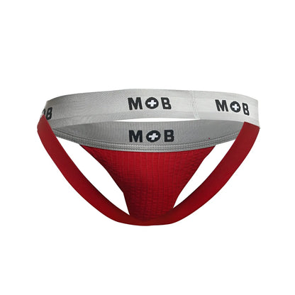 Red and gray malebasics mbl107 mob classic fetish jockstrap with textured fabric and silver waistband with mob logo
