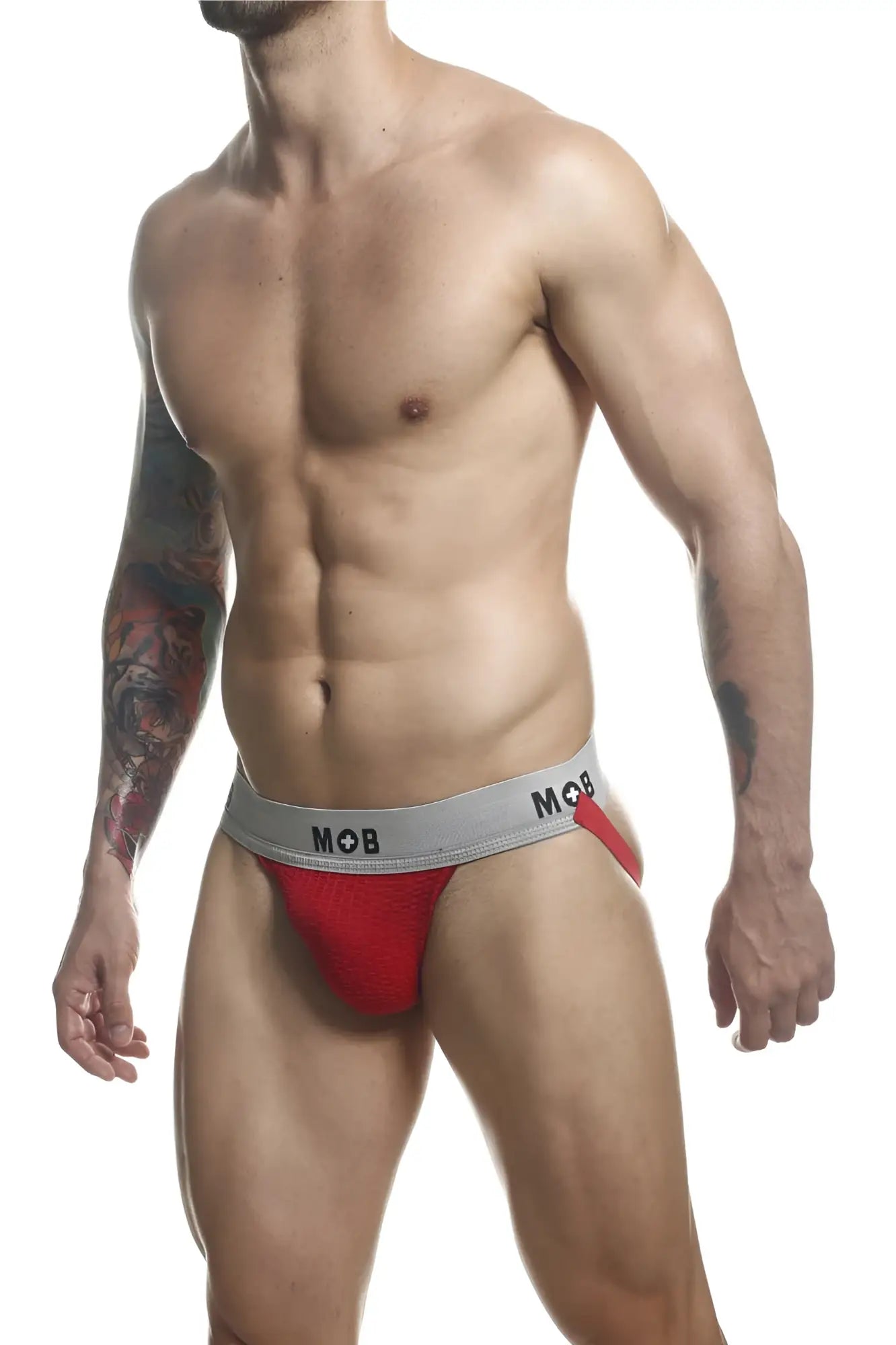 Red and gray mob branded male basics classic fetish jockstrap with a snug fit and 3 inch straps