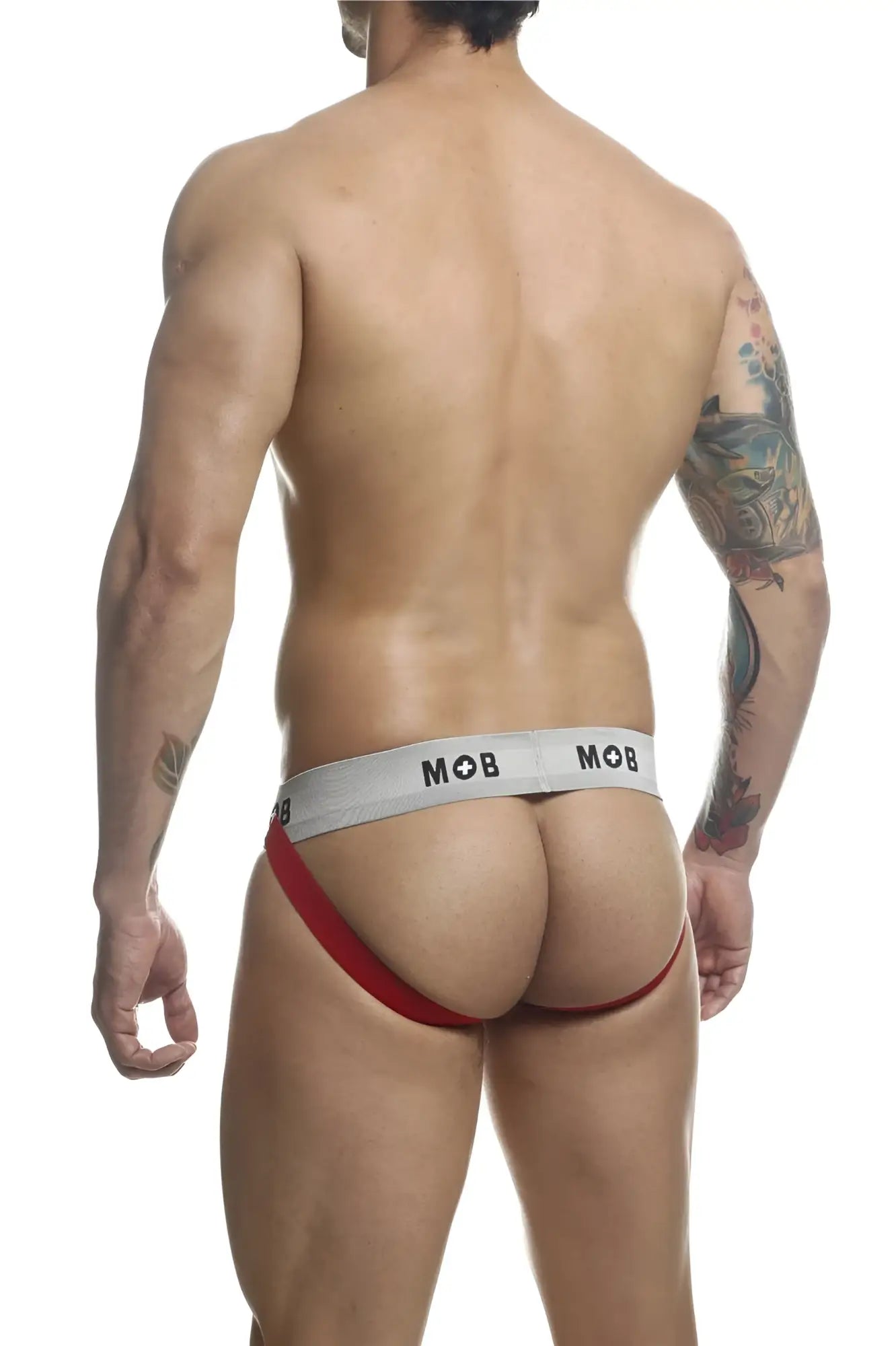 Red and gray malebasics mbl107 mob classic fetish jockstrap in red with 3 inch straps shown from the back side