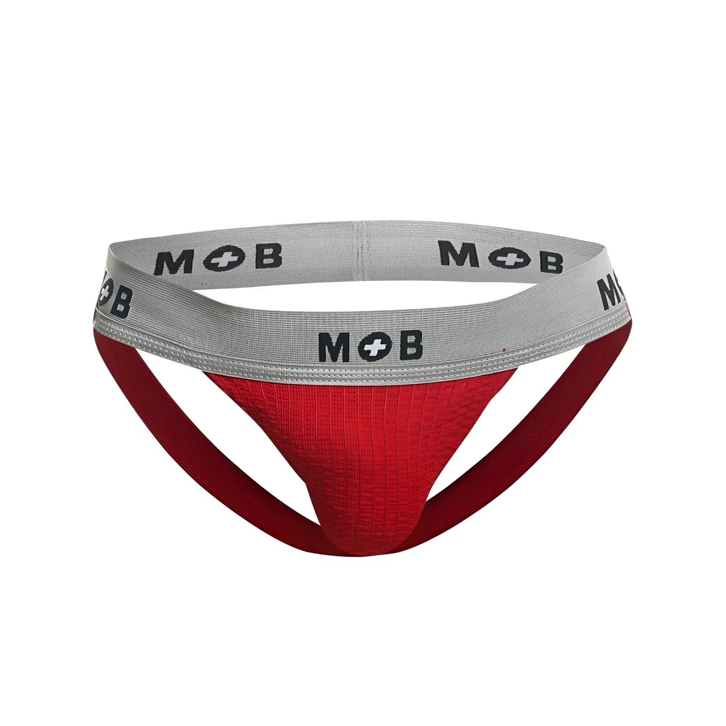 Red textured brief with gray waistband featuring mob branding from malebasics mbl107 classic fetish jockstrap