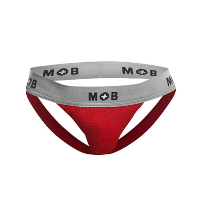 Red textured brief with gray waistband featuring mob branding from malebasics mbl107 classic fetish jockstrap