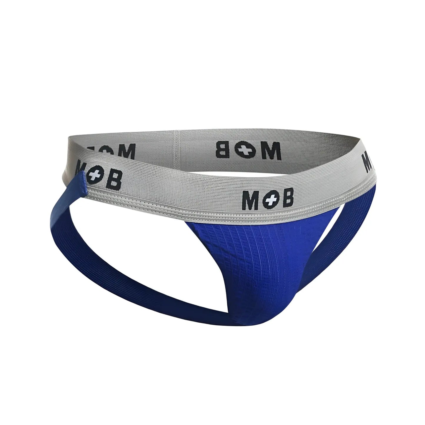 Blue and gray malebasics mob classic fetish jockstrap with ribbed texture in royal color shown from the back side