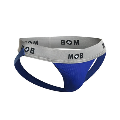 Blue and gray malebasics mob classic fetish jockstrap with ribbed texture in royal color shown from the back side