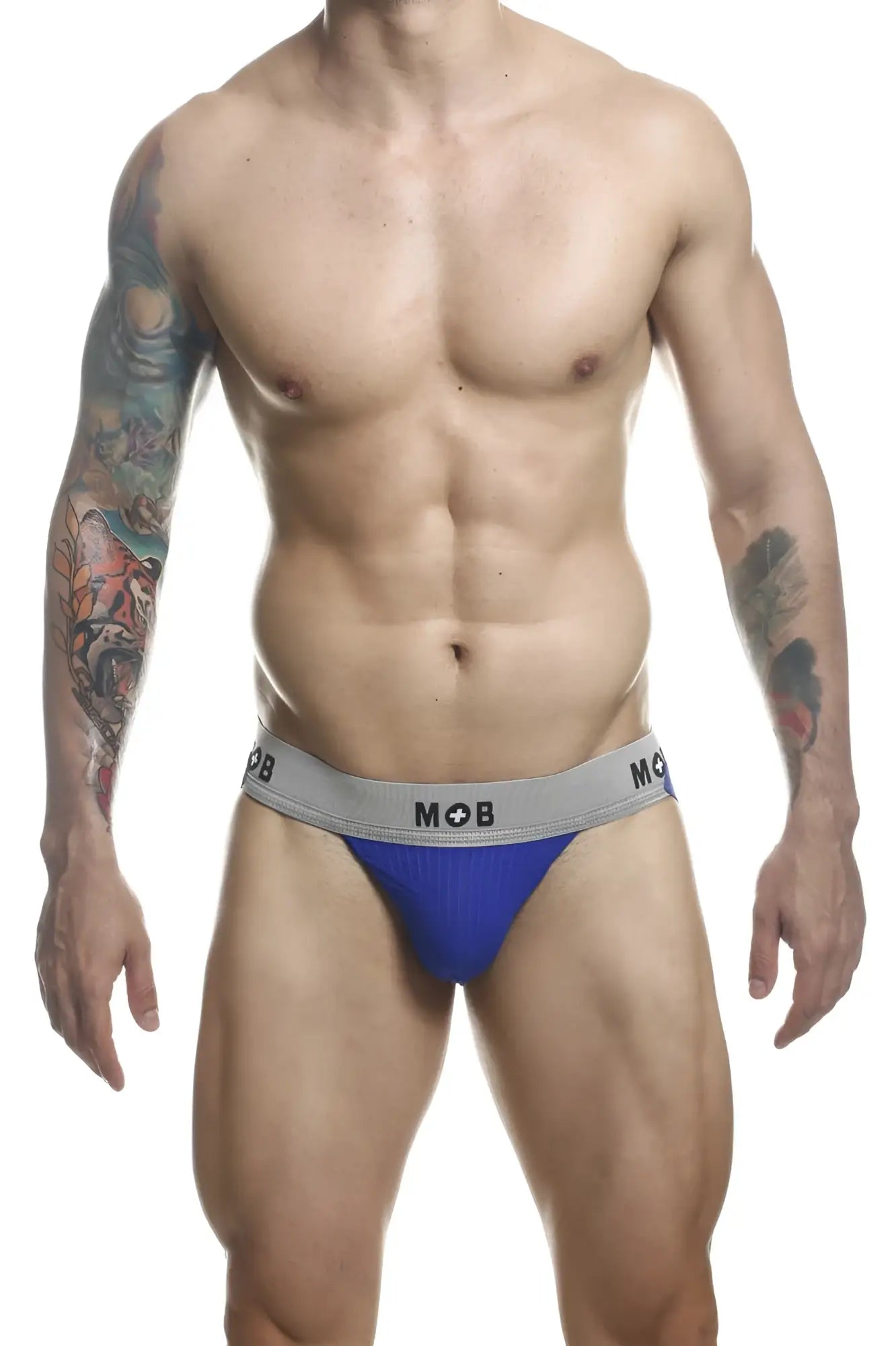 Blue and gray malebasics mbl107 mob classic fetish jockstrap with a snug fit and 3 inch straps in royal color