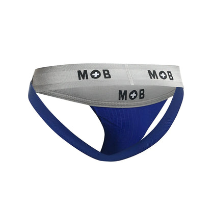 Blue male basics mob classic fetish 3 inch jockstrap with gray waistband and mob logo in black royal color