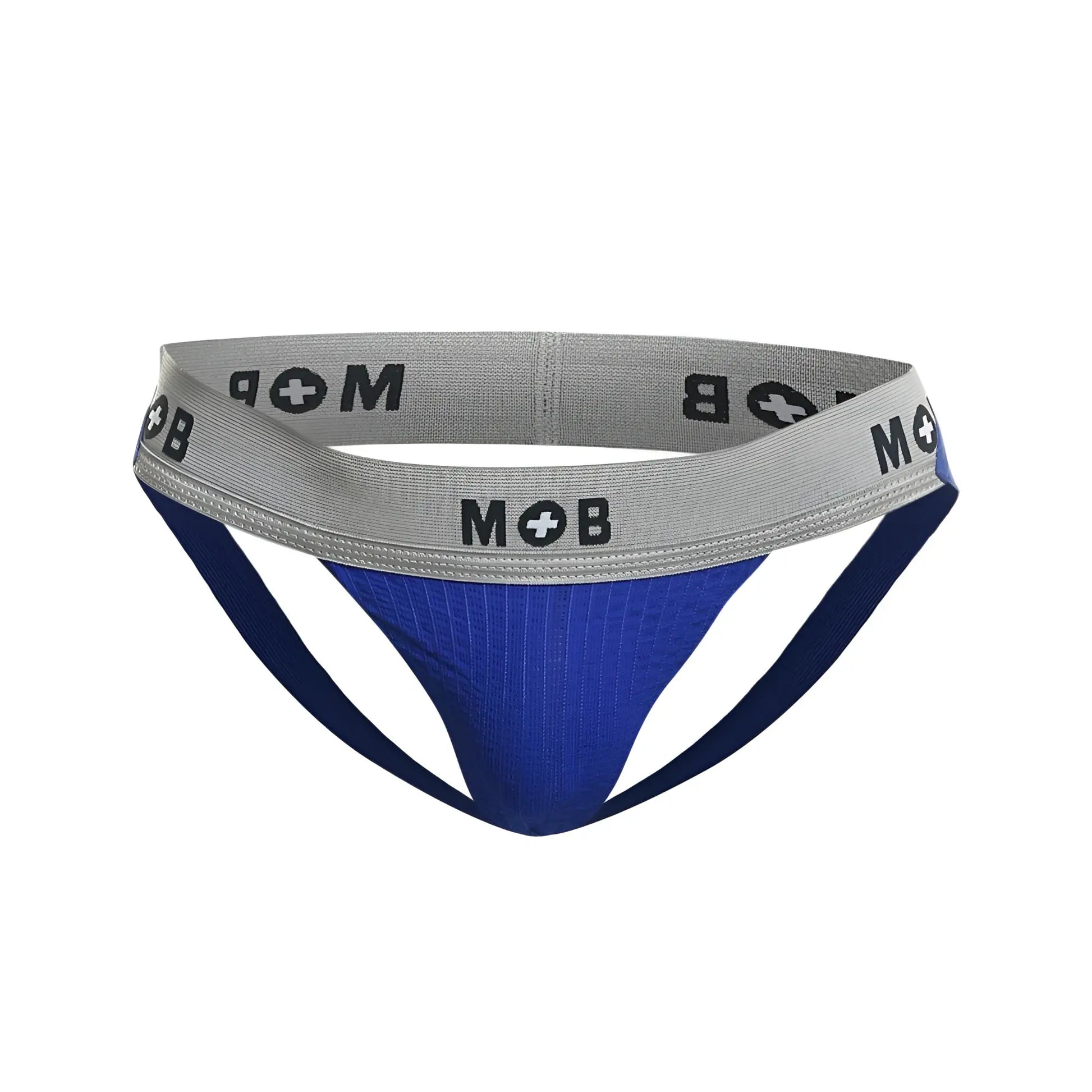 Blue and gray ribbed athletic briefs with black mob logo on waistband from malebasics mbl107 mob classic fetish jockstrap royal