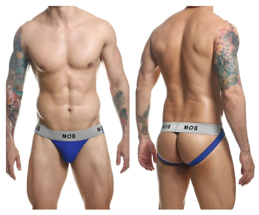 Malebasics mbl107 mob classic fetish jockstrap in blue and gray with snug fit design and 3 inch straps royal color