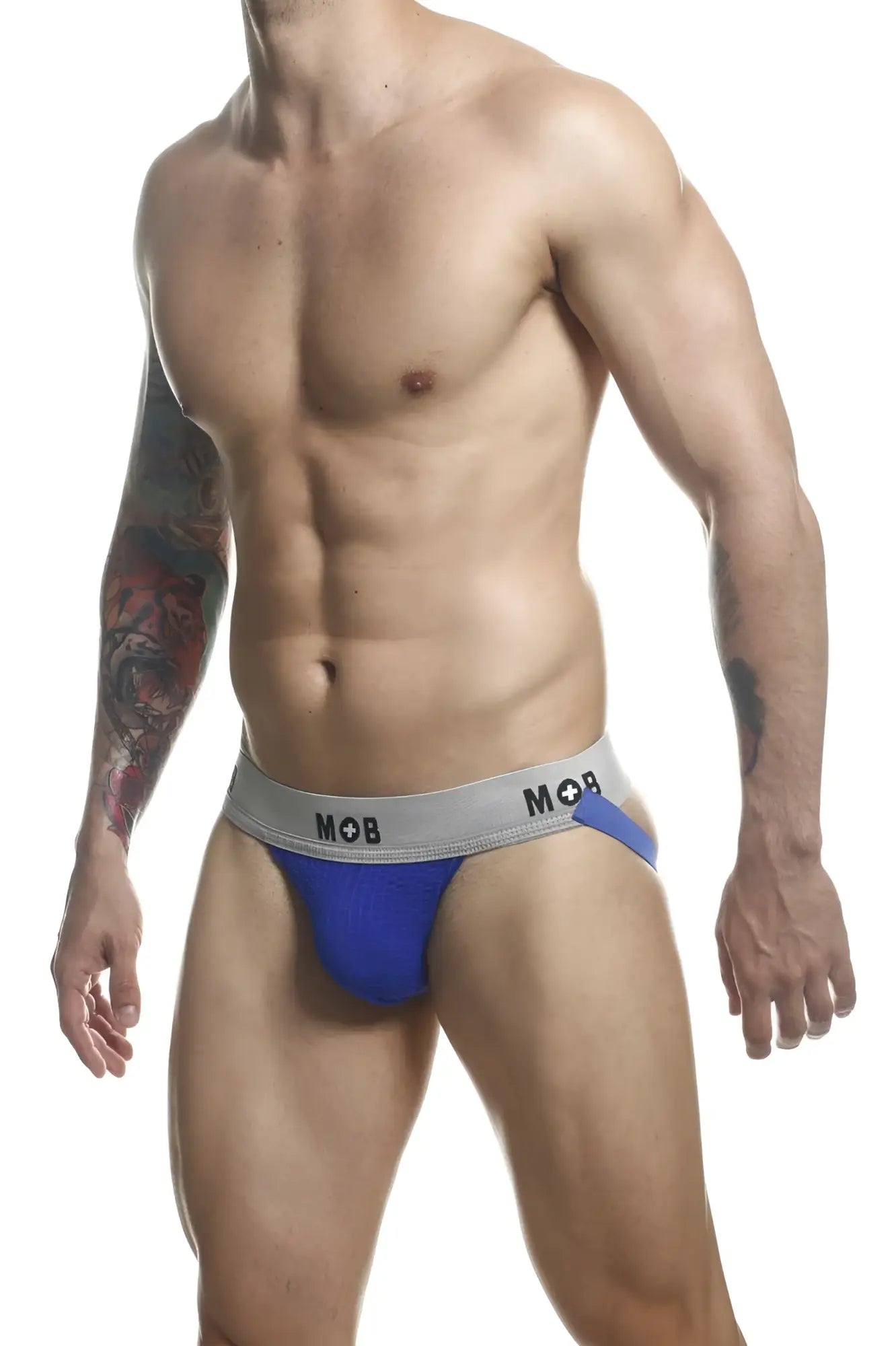 Blue and gray malebasics mbl107 mob classic fetish jockstrap with a snug fit and 3 inch straps in royal color