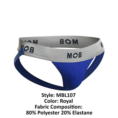 Royal blue male basics mbl107 mob classic fetish jockstrap with gray waistband and black mob branding