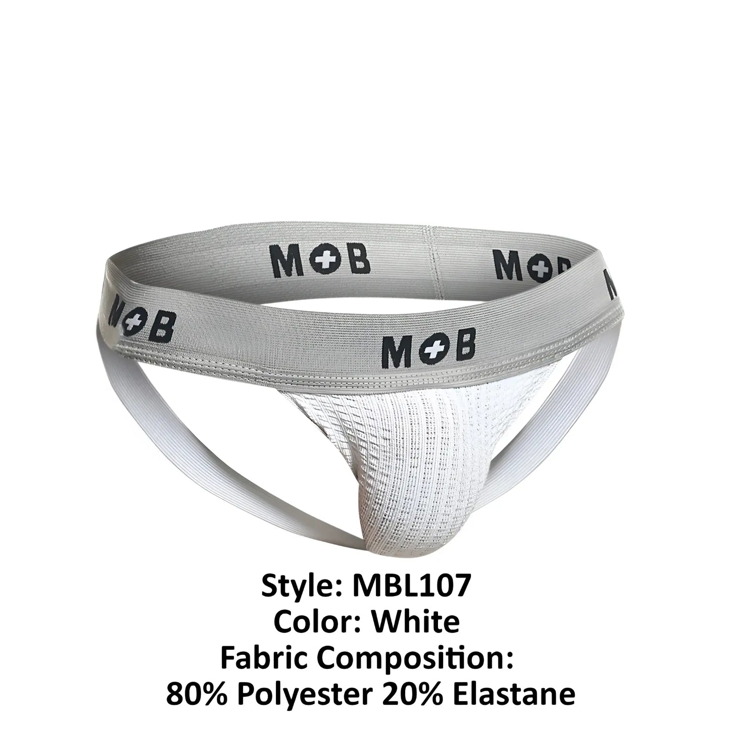 White malebasics mbl107 mob classic fetish jockstrap with gray waistband logo made of polyester and elastane