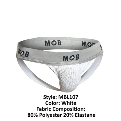 White malebasics mbl107 mob classic fetish jockstrap with gray waistband logo made of polyester and elastane