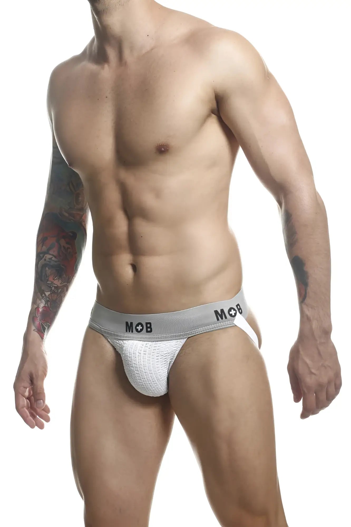 Malebasics mbl107 mob classic fetish jockstrap in white textured mesh with gray waistband and mob branding