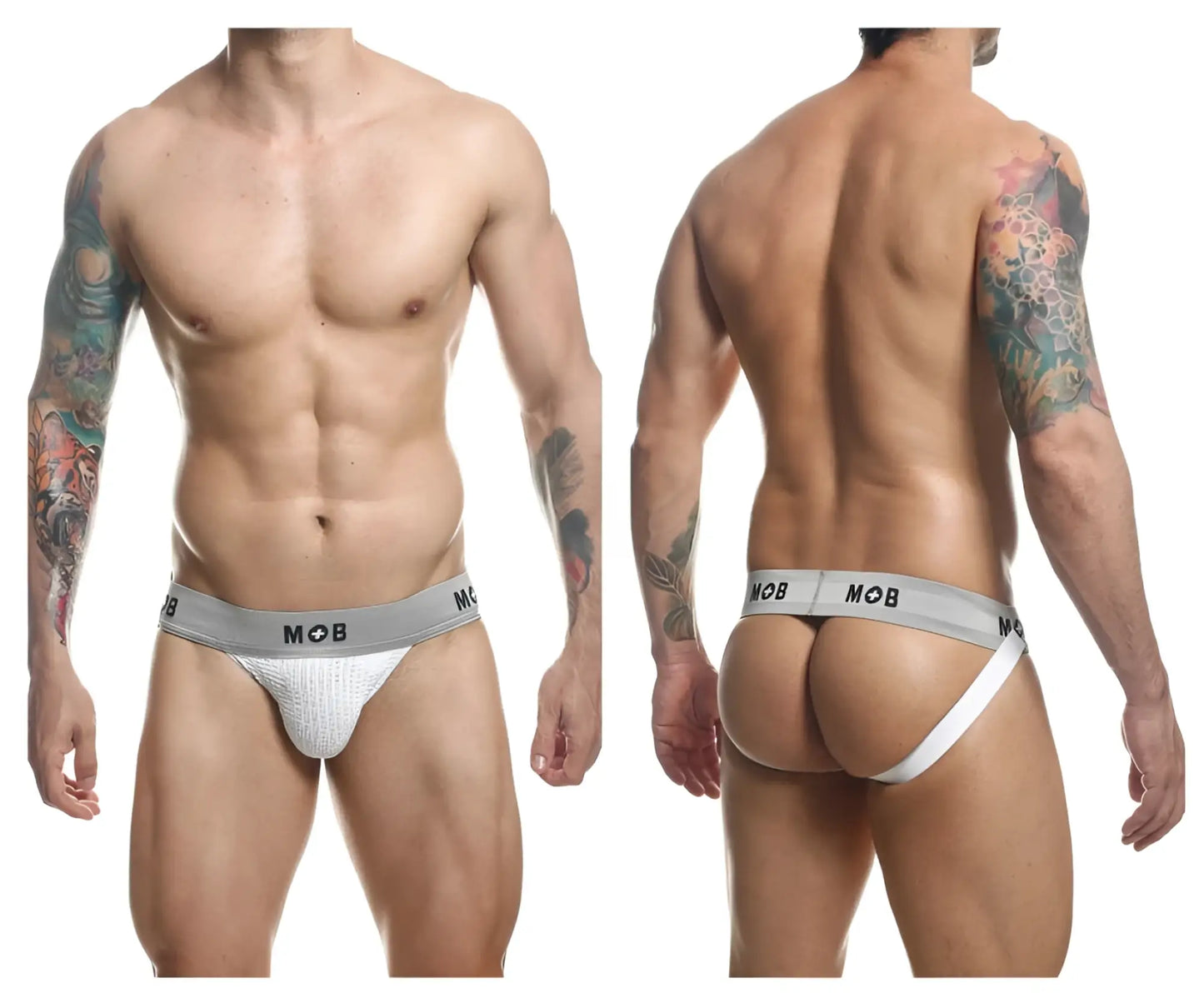 White textured briefs with gray mob branded waistband malebasics mbl107 classic fetish jockstrap front view