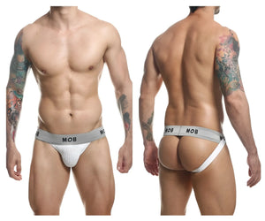White textured briefs with gray mob branded waistband malebasics mbl107 classic fetish jockstrap front view
