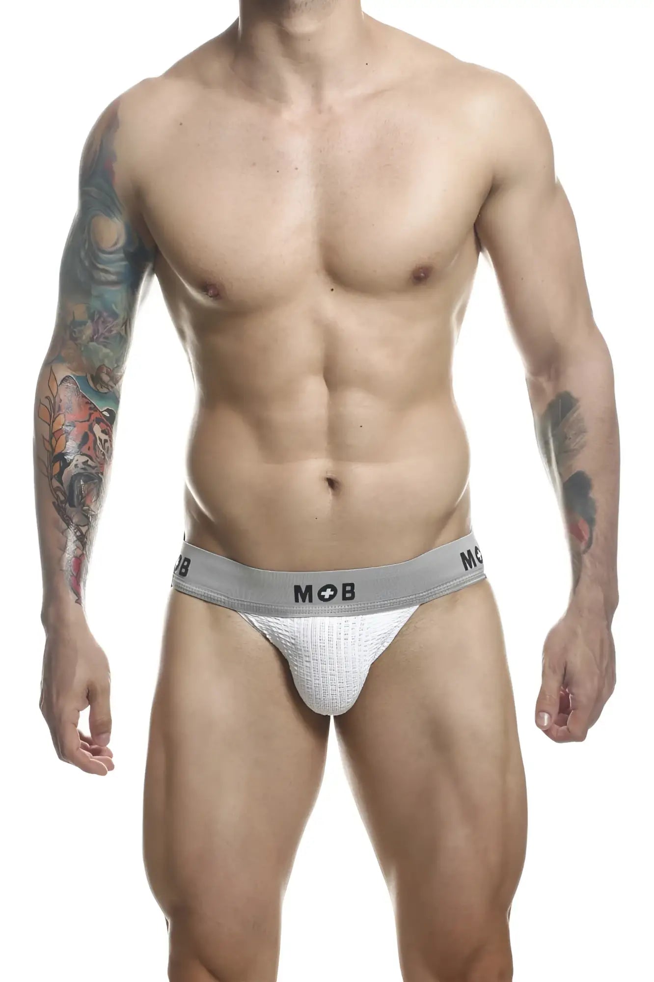 White textured briefs with gray mob logo waistband designed as malebasics mbl107 classic fetish jockstrap