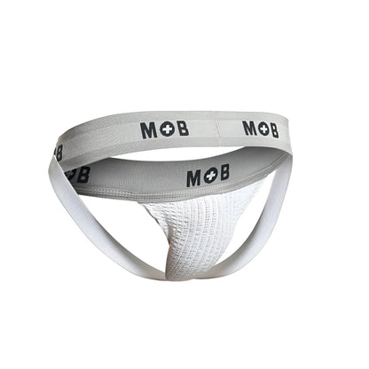 Gray and white malebasics mbl107 mob classic fetish jockstrap with textured front panel and black logo waistband