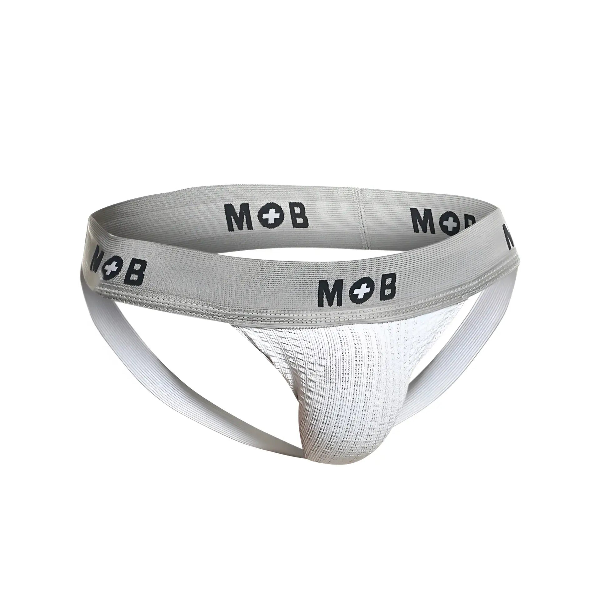 Gray mob brand athletic briefs with textured white interior and elastic mob logo waistband in white color