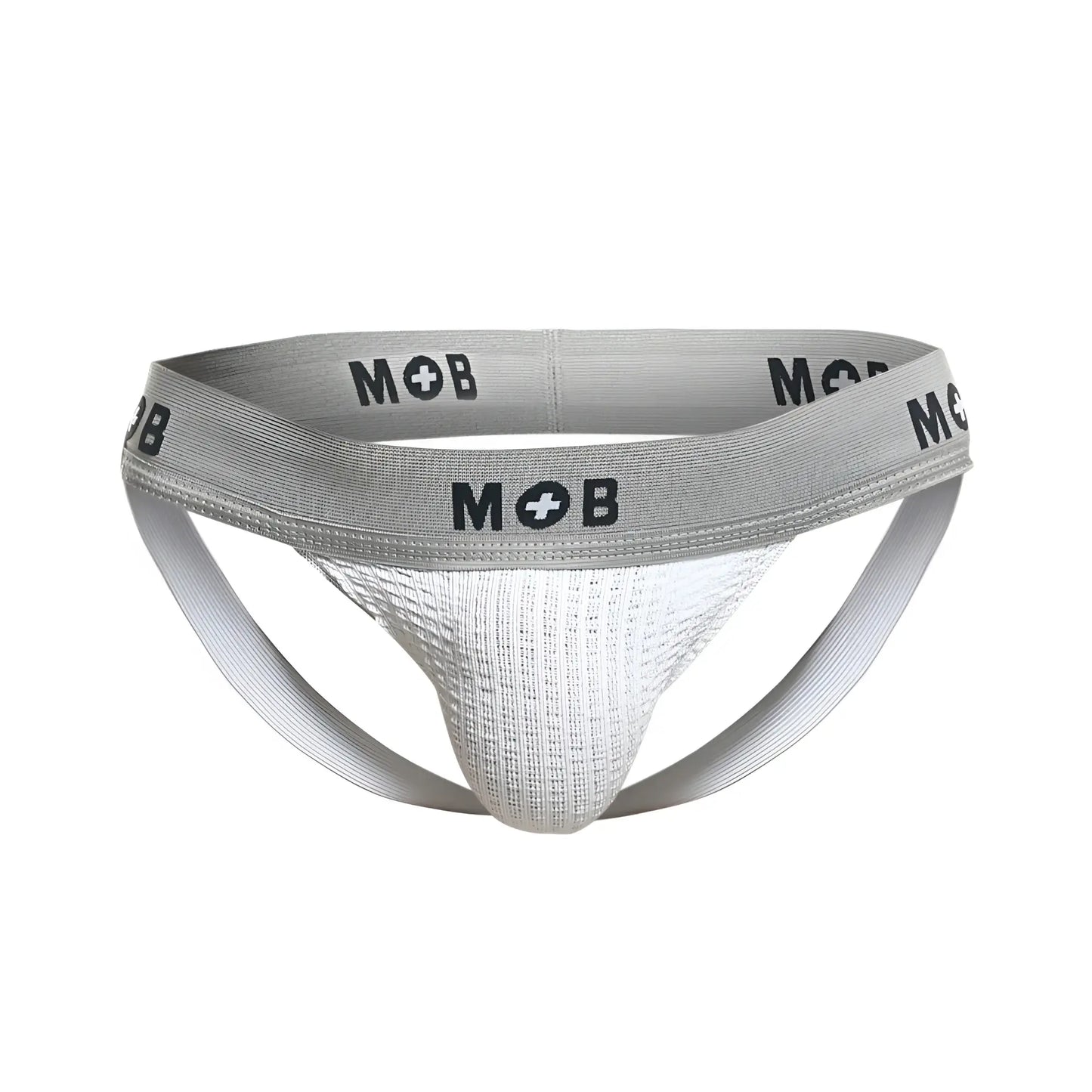 Malebasics mbl107 mob classic fetish jockstrap in white with textured gray and white front panel and 3 inch waistband