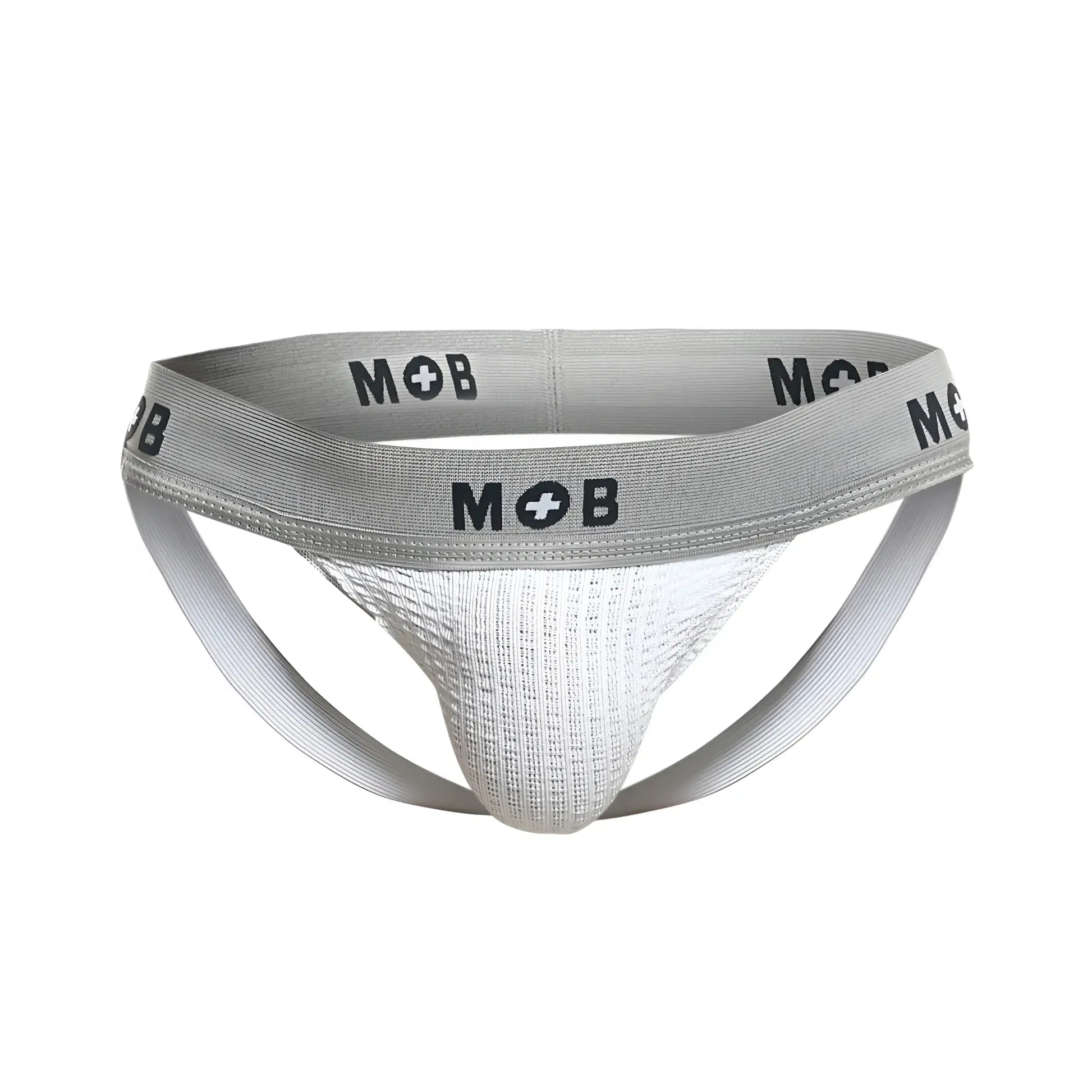 Malebasics mbl107 mob classic fetish jockstrap in white with textured gray and white front panel and 3 inch waistband